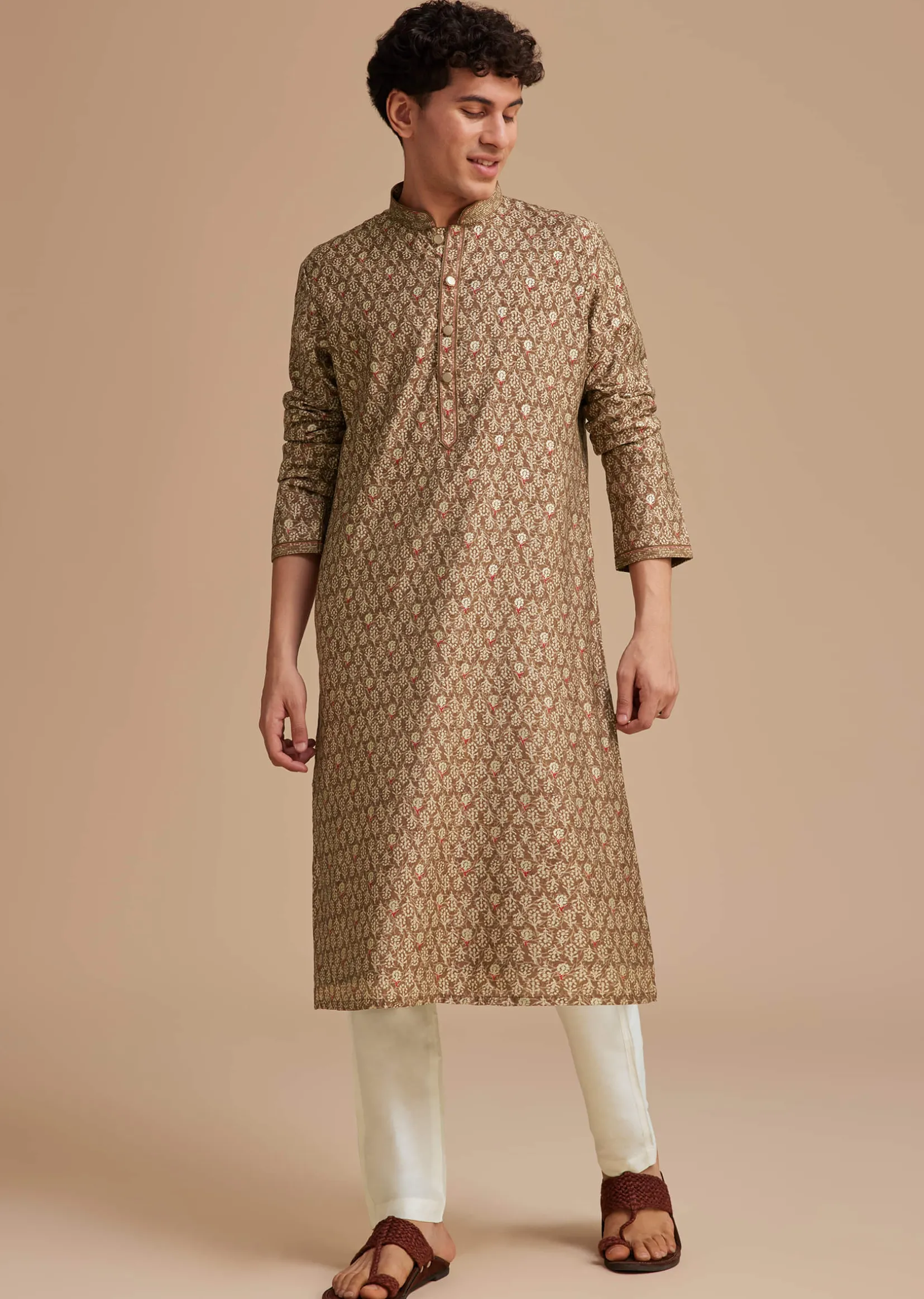 Brown Muslin Mughal Printed Kurta Set