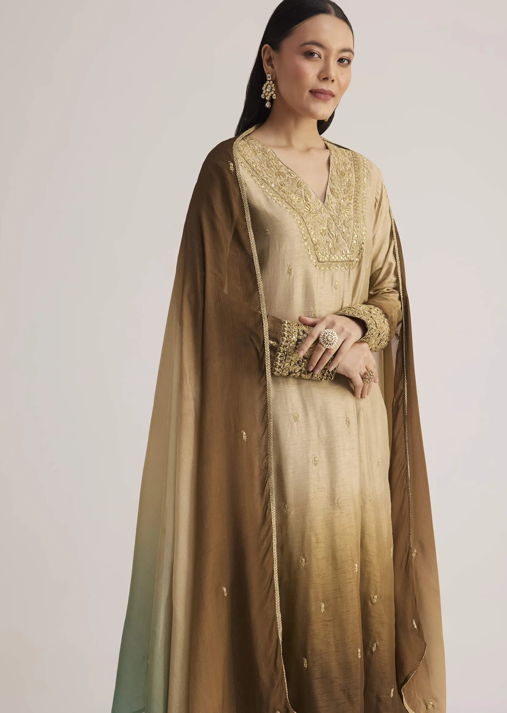 Brown Ombre Embroidered Suit