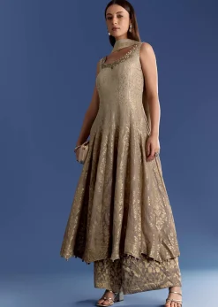 Brown Ombre Georgette Anarkali With Cutdana Neck And Zari Dupatta