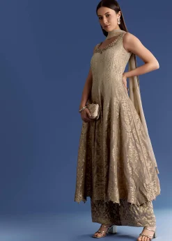 Brown Ombre Georgette Anarkali With Cutdana Neck And Zari Dupatta
