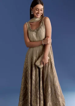 Brown Ombre Georgette Anarkali With Cutdana Neck And Zari Dupatta