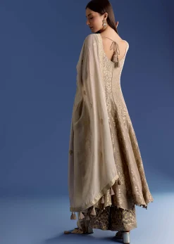 Brown Ombre Georgette Anarkali With Cutdana Neck And Zari Dupatta