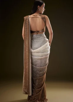 Brown Ombre Sequence Ready To Wear Saree With Velvet Blouse