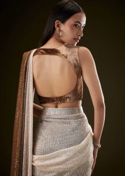 Brown Ombre Sequence Ready To Wear Saree With Velvet Blouse
