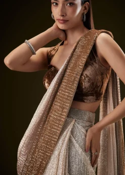 Brown Ombre Sequence Ready To Wear Saree With Velvet Blouse