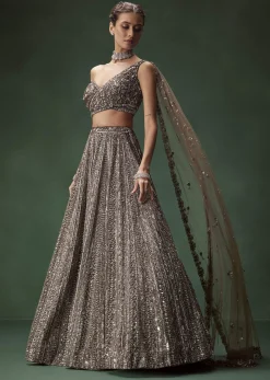 Brown One Shoulder Bridal Lehenga Set With All Over Sequins