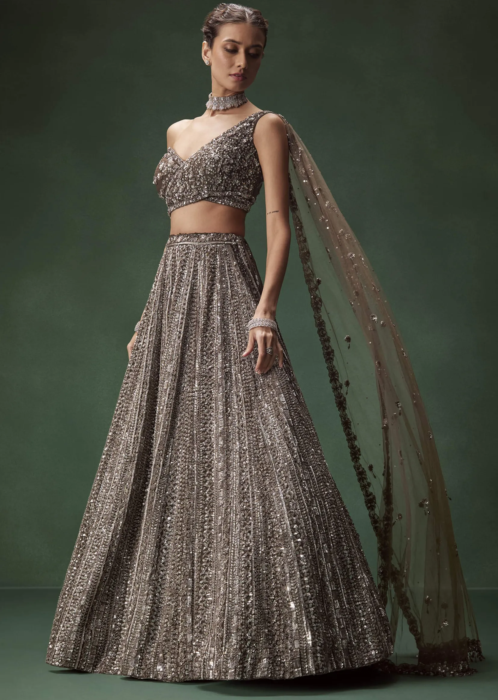 Brown One Shoulder Bridal Lehenga Set With All Over Sequins