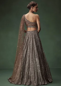 Brown One Shoulder Bridal Lehenga Set With All Over Sequins