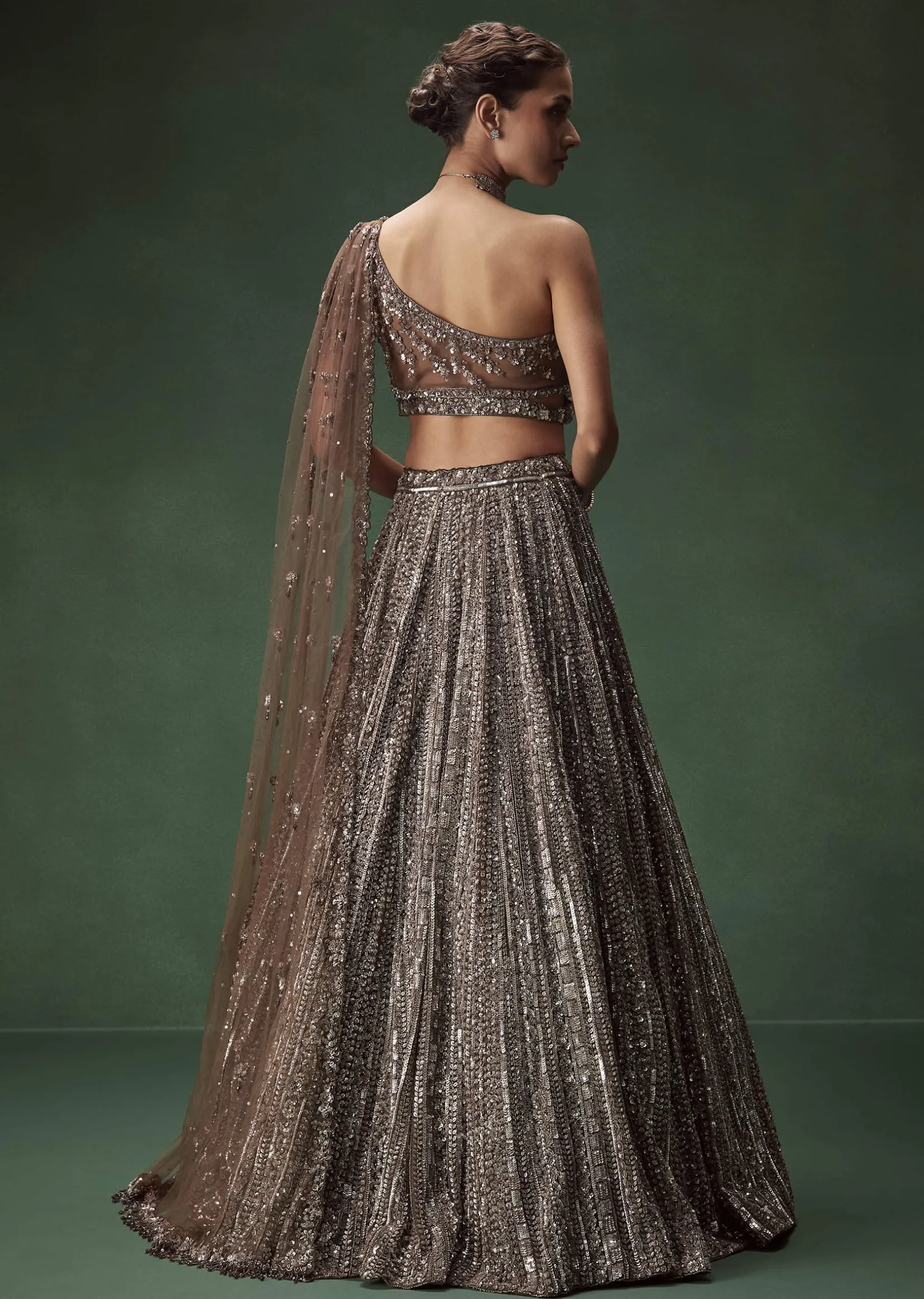 Brown One Shoulder Bridal Lehenga Set With All Over Sequins