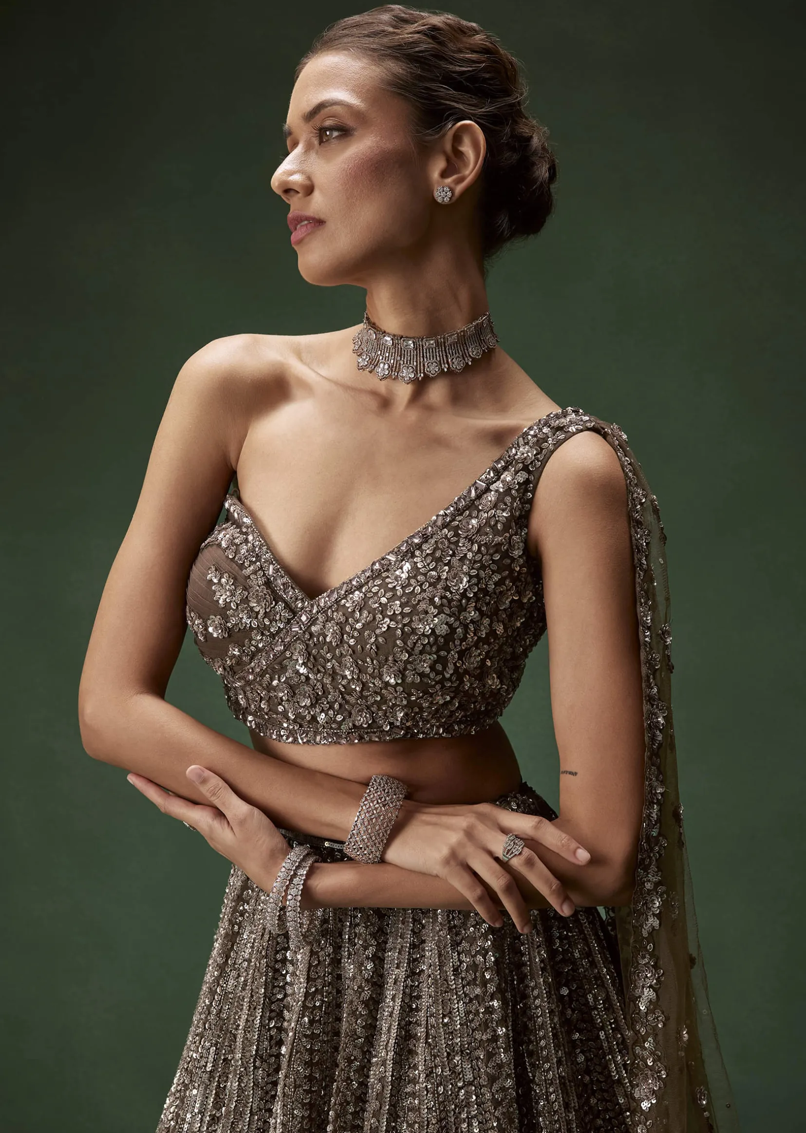 Brown One Shoulder Bridal Lehenga Set With All Over Sequins