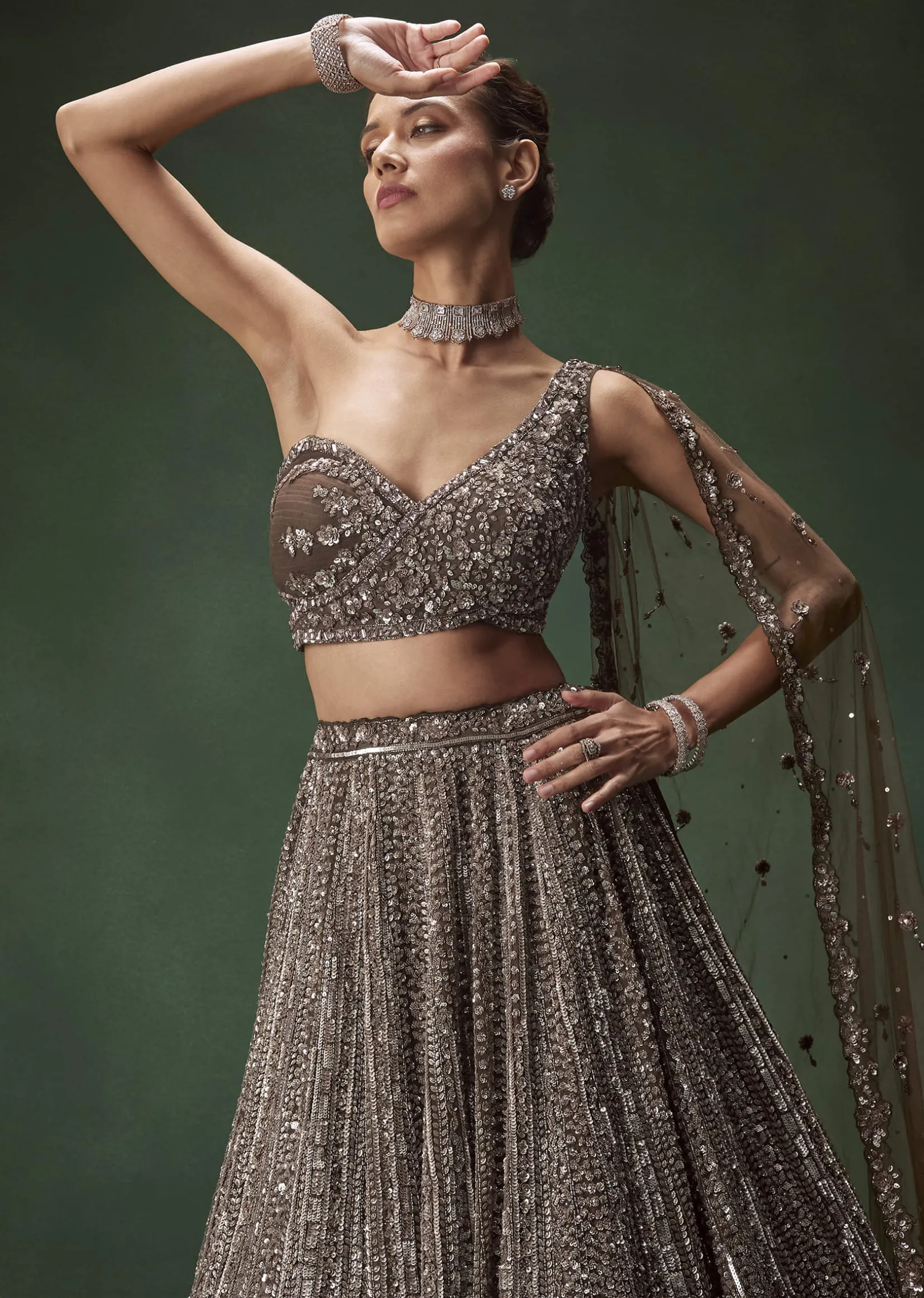 Brown One Shoulder Bridal Lehenga Set With All Over Sequins
