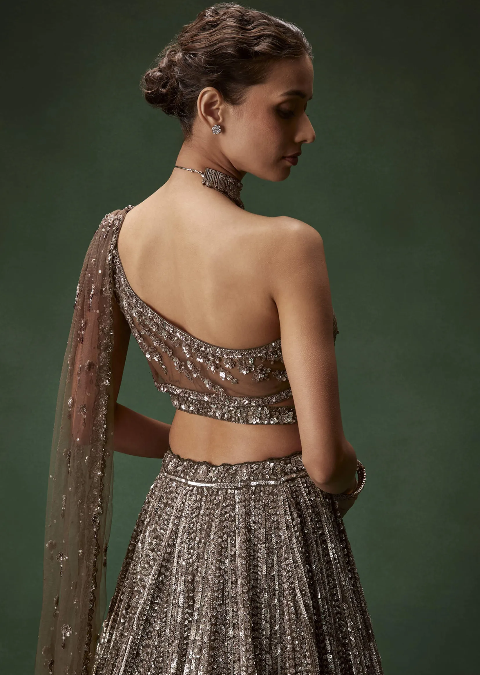 Brown One Shoulder Bridal Lehenga Set With All Over Sequins