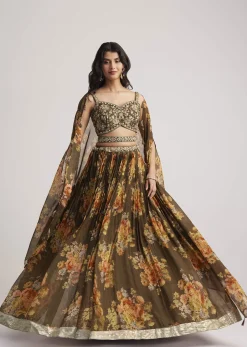 Brown Organza Floral Print Set With Zardosi And Sequins Work