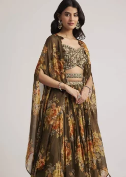 Brown Organza Floral Print Set With Zardosi And Sequins Work
