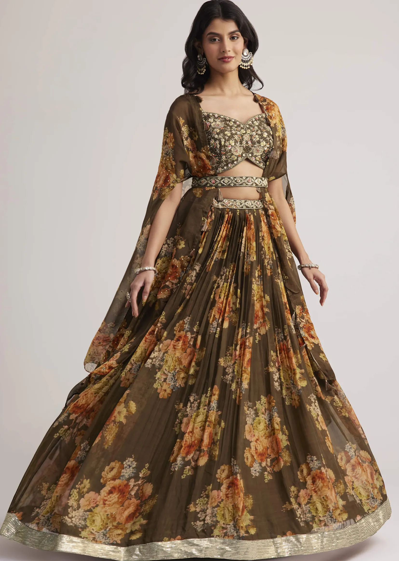 Brown Organza Floral Print Set With Zardosi And Sequins Work