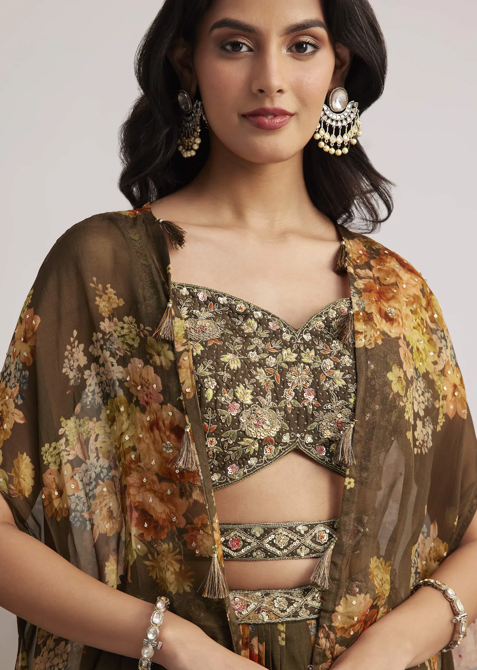 Brown Organza Floral Print Set With Zardosi And Sequins Work