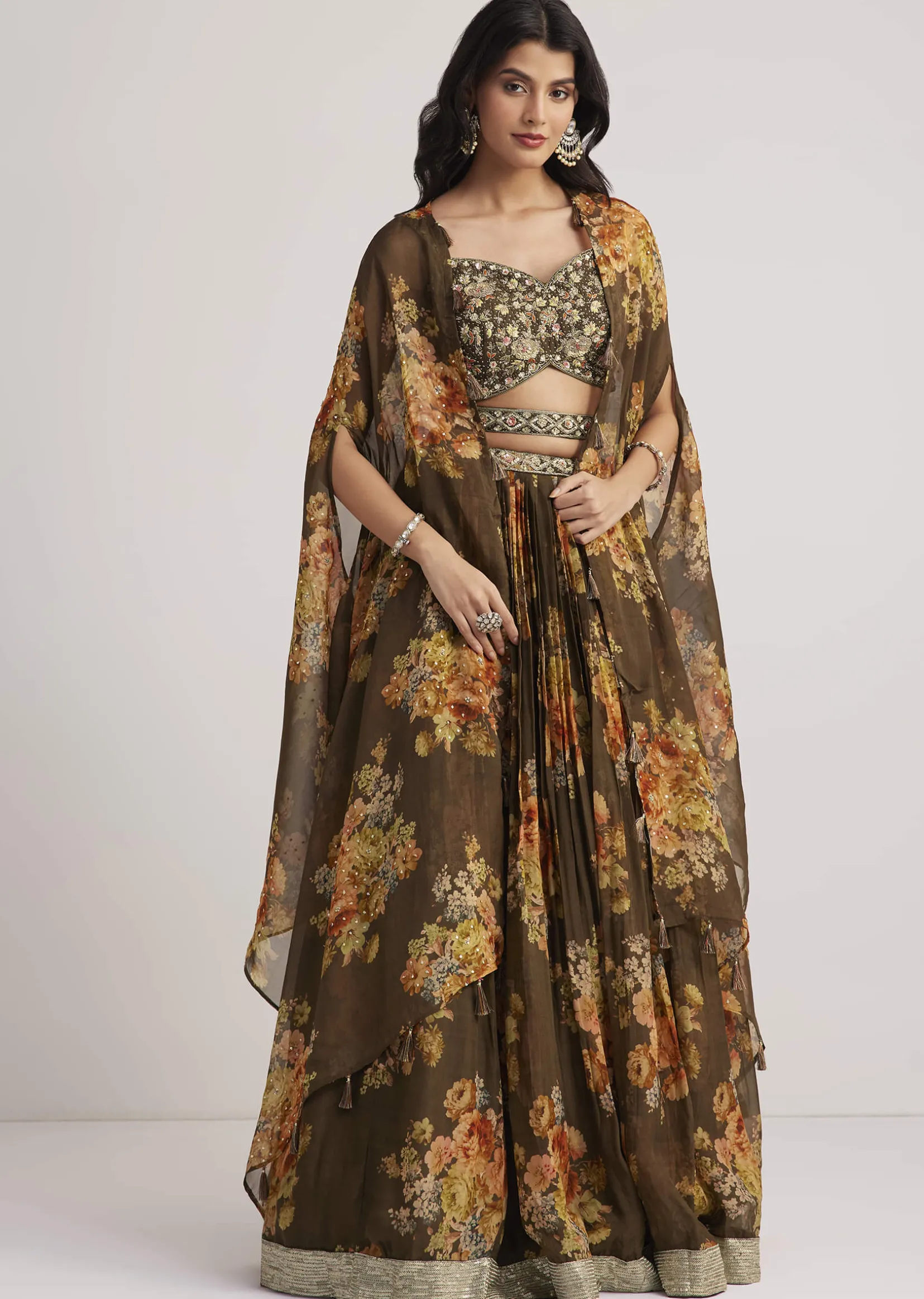 Brown Organza Floral Print Set With Zardosi And Sequins Work