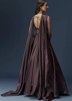 Brown Organza Lehenga Set With Sleeveless Sweetheart Blouse And Dupatta