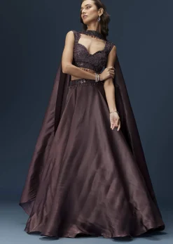 Brown Organza Lehenga Set With Sleeveless Sweetheart Blouse And Dupatta