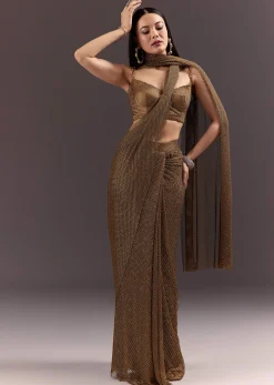 Brown Pre Stitched Crystal Embroidered Saree