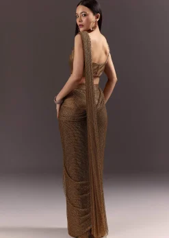 Brown Pre Stitched Crystal Embroidered Saree