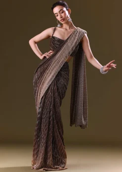 Brown Pre Stitched Saree With Cowl Blouse