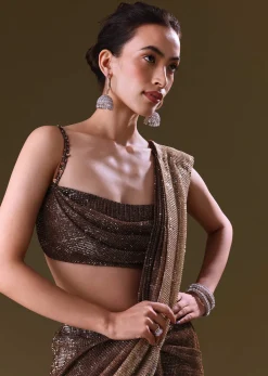 Brown Pre Stitched Saree With Cowl Blouse