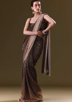 Brown Pre Stitched Saree With Cowl Blouse