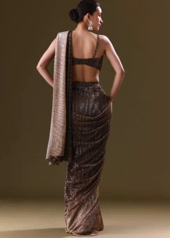 Brown Pre Stitched Saree With Cowl Blouse