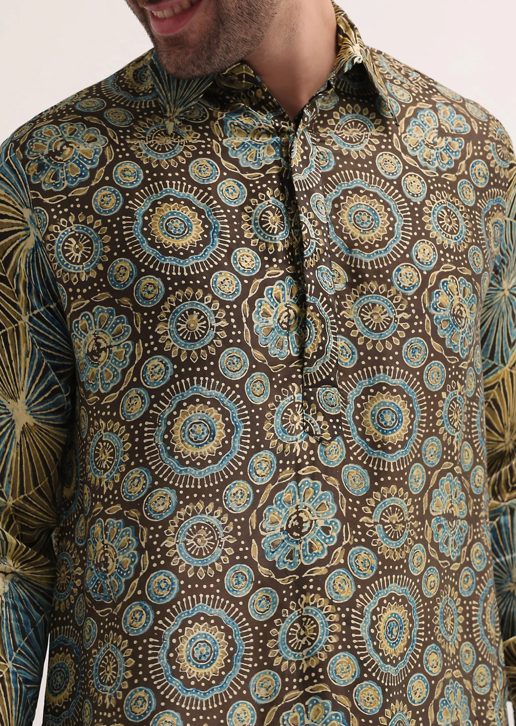 Brown Printed Kurta Patiala Set For Men