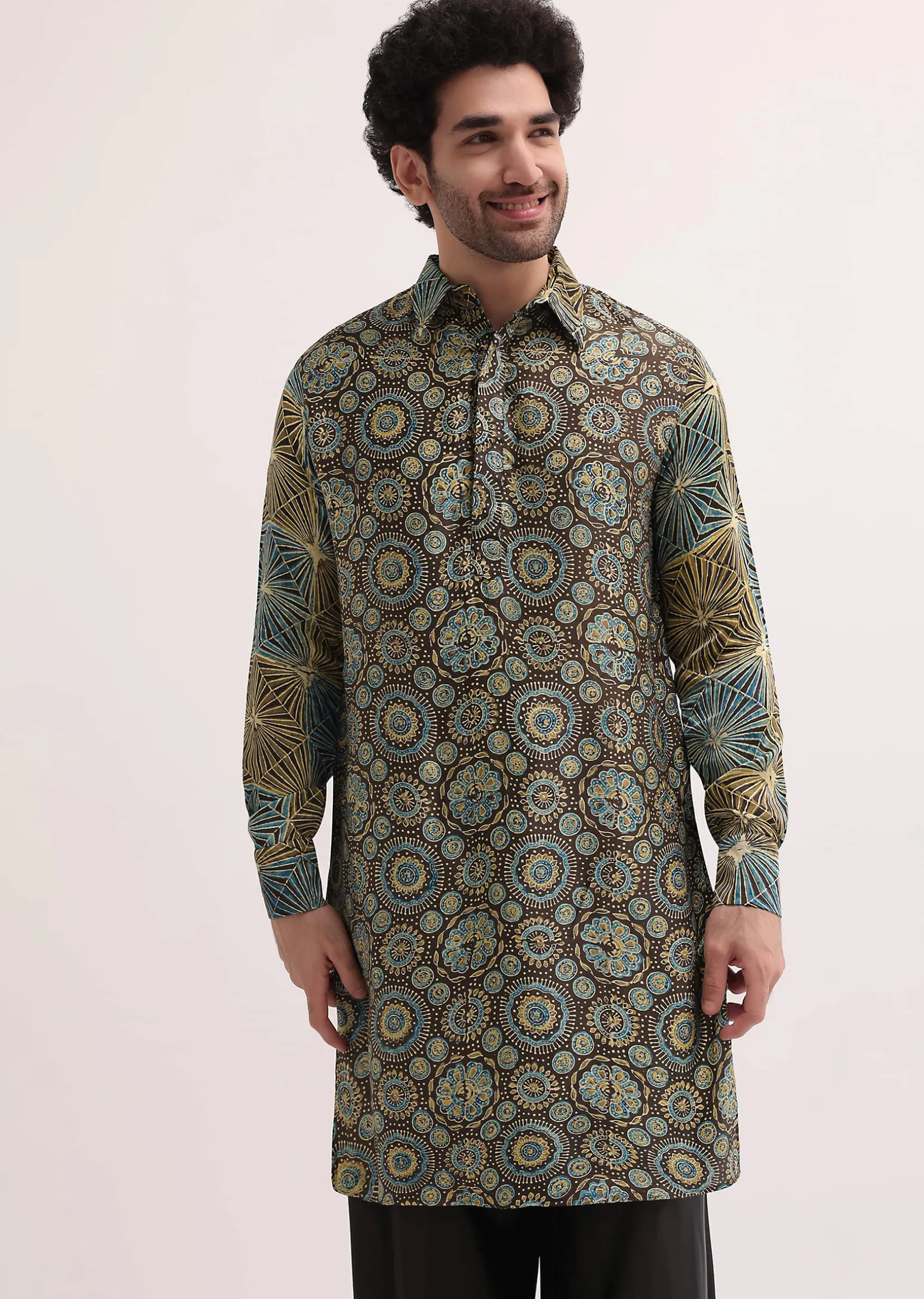 Brown Printed Kurta Patiala Set For Men