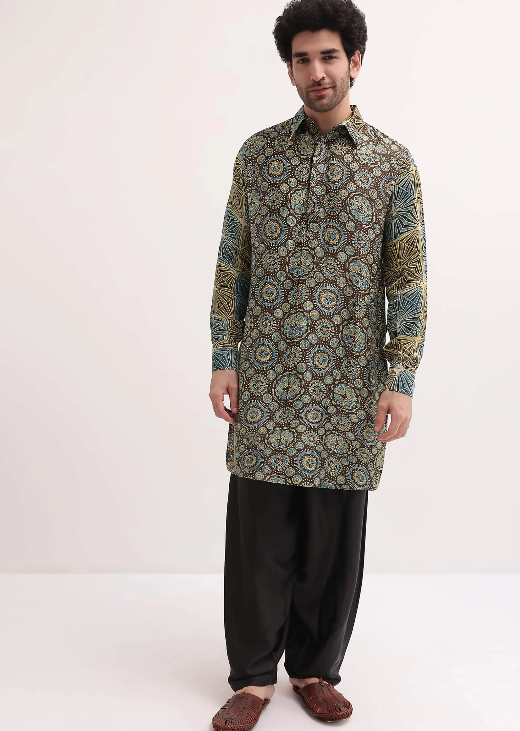 Brown Printed Kurta Patiala Set For Men