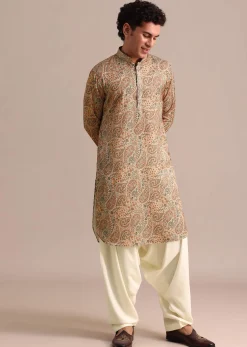Brown Printed Mens Kurta Patiala Set