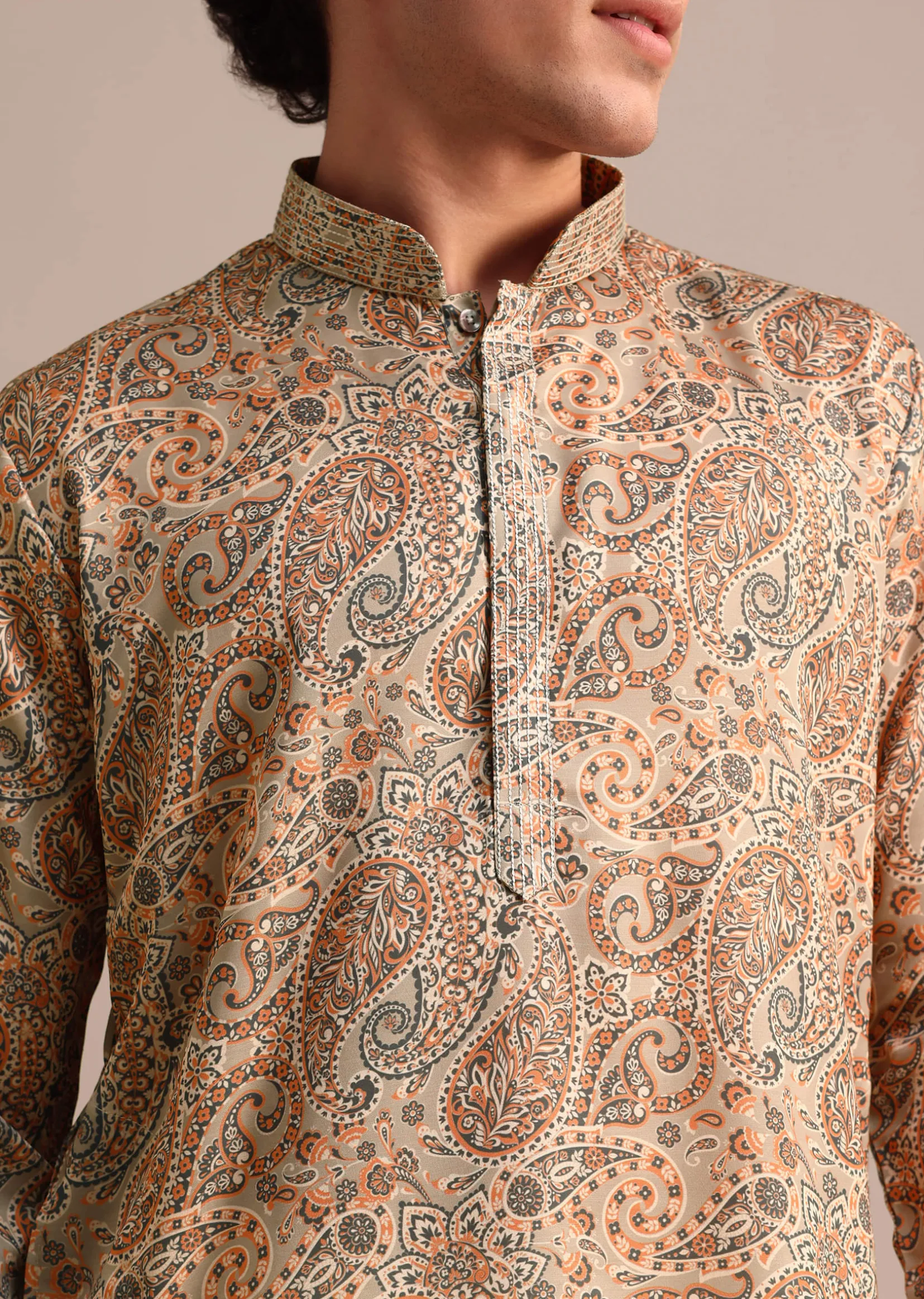 Brown Printed Mens Kurta Patiala Set