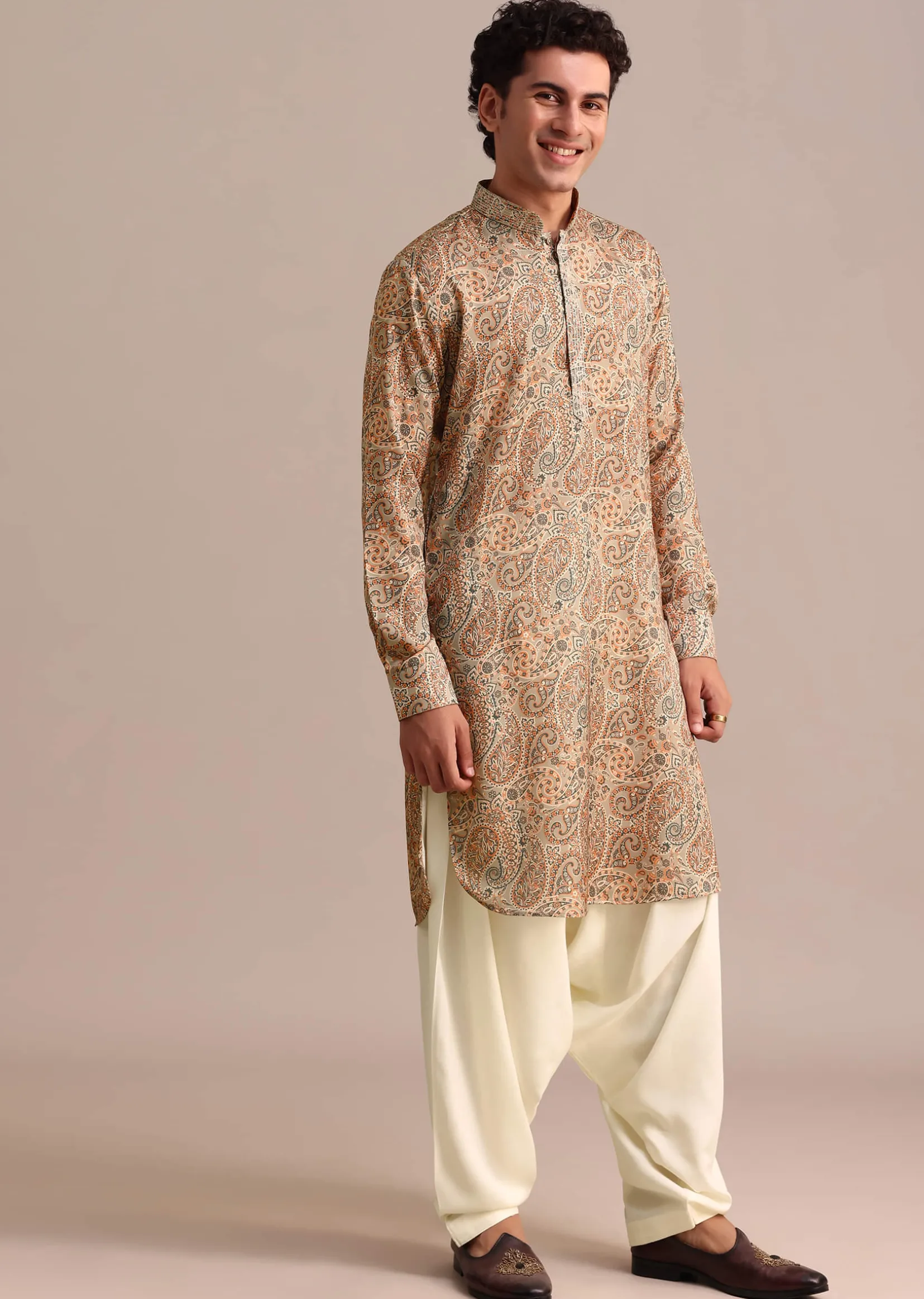 Brown Printed Mens Kurta Patiala Set