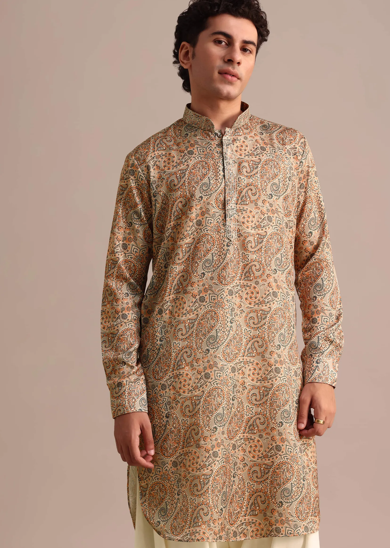 Brown Printed Mens Kurta Patiala Set