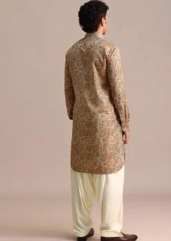 Brown Printed Mens Kurta Patiala Set