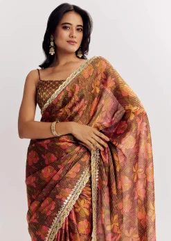 Brown Printed Tissue Lurex Saree With Zari Mirror And Cutdana Embroidery