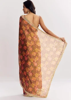 Brown Printed Tissue Lurex Saree With Zari Mirror And Cutdana Embroidery