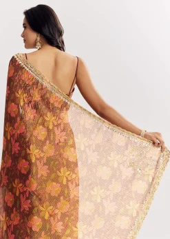 Brown Printed Tissue Lurex Saree With Zari Mirror And Cutdana Embroidery