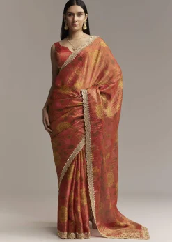Brown Red Tissue Saree With Mirror And Zari Work