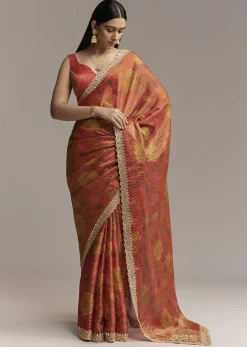 Brown Red Tissue Saree With Mirror And Zari Work