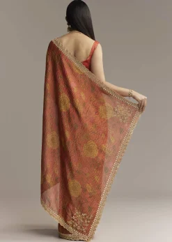 Brown Red Tissue Saree With Mirror And Zari Work