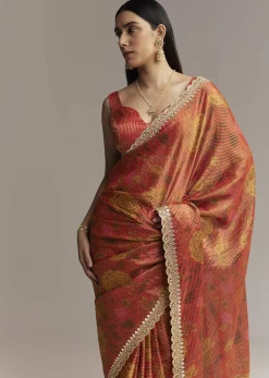 Brown Red Tissue Saree With Mirror And Zari Work