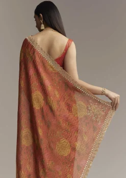 Brown Red Tissue Saree With Mirror And Zari Work