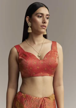 Brown Red Tissue Saree With Mirror And Zari Work