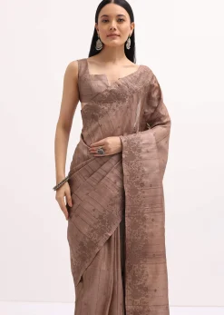 Brown Resham Work Tussar Saree With Unstitched Blouse