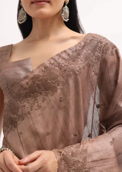 Brown Resham Work Tussar Saree With Unstitched Blouse