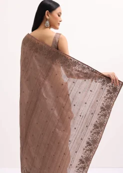 Brown Resham Work Tussar Saree With Unstitched Blouse