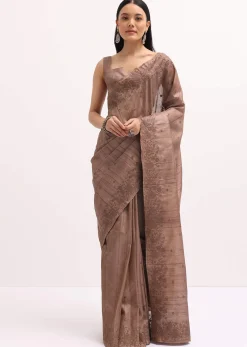 Brown Resham Work Tussar Saree With Unstitched Blouse